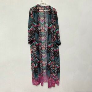 Boho Patterned Long Open-Front Cardigan Sweater - Pink/Teal